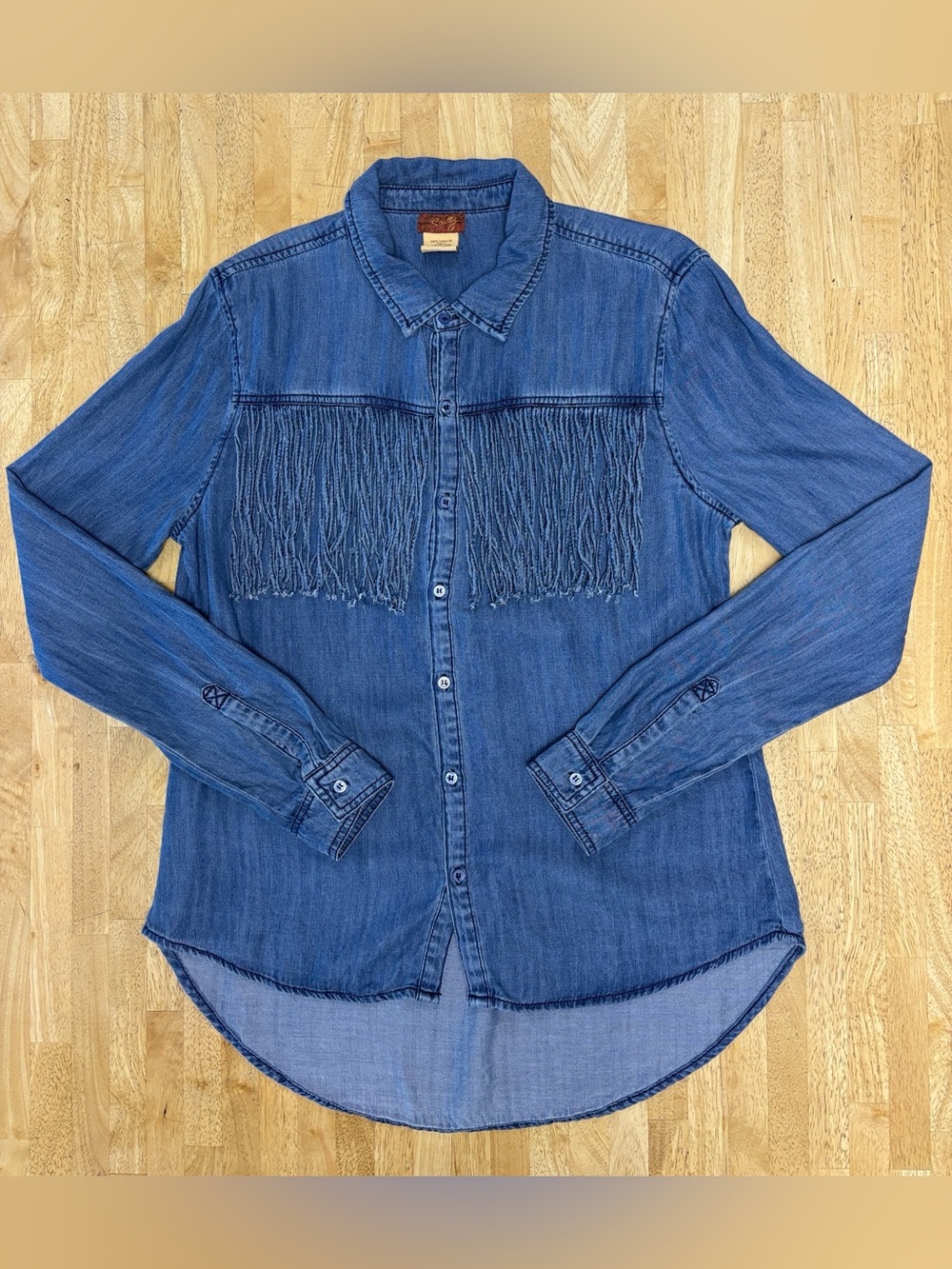 Denim Blue Fringe Button-Up Shirt - Women Jeans